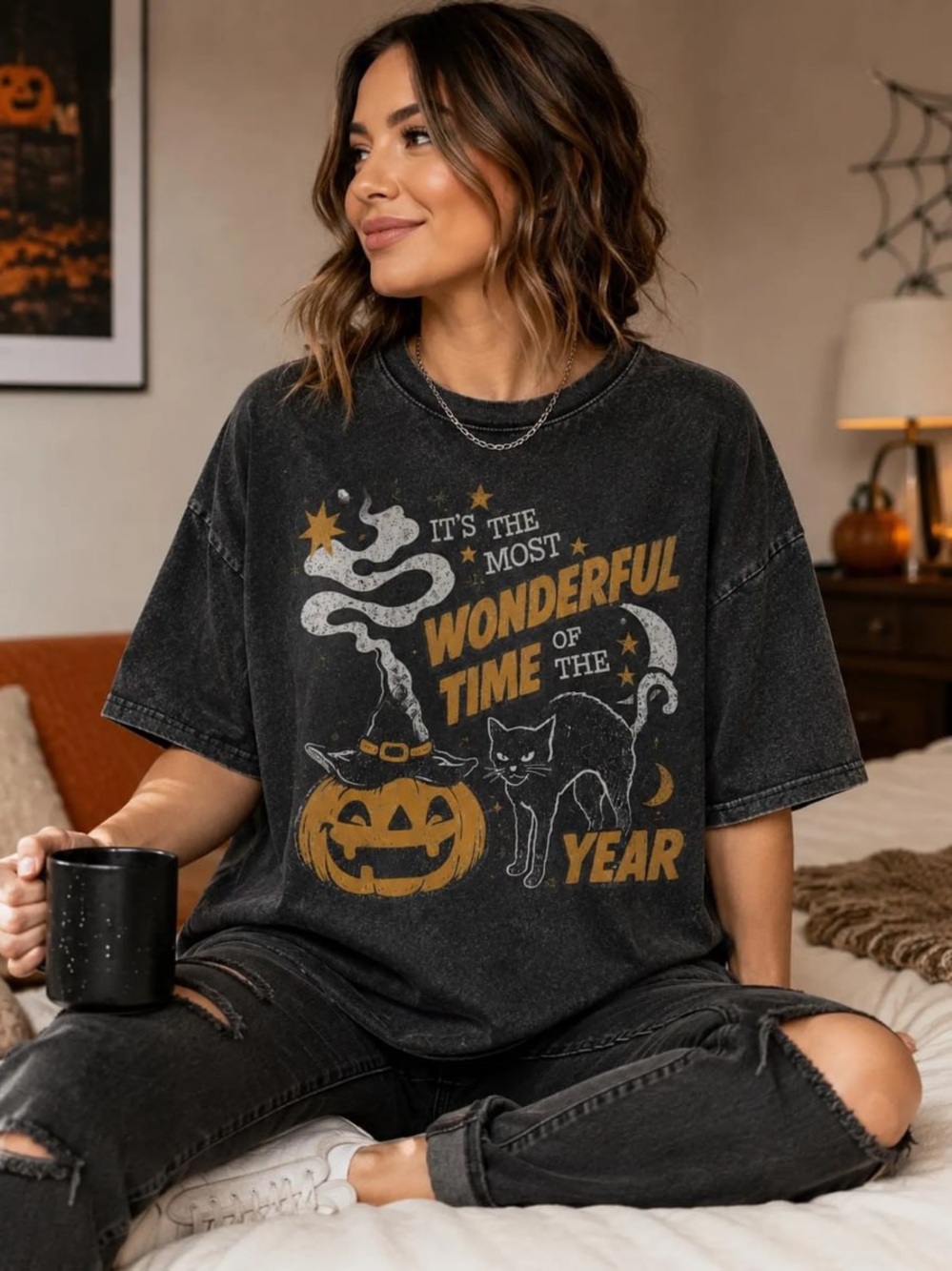 Comfort Colors Pepper Halloween Graphic Tee with Pumpkin & Cat